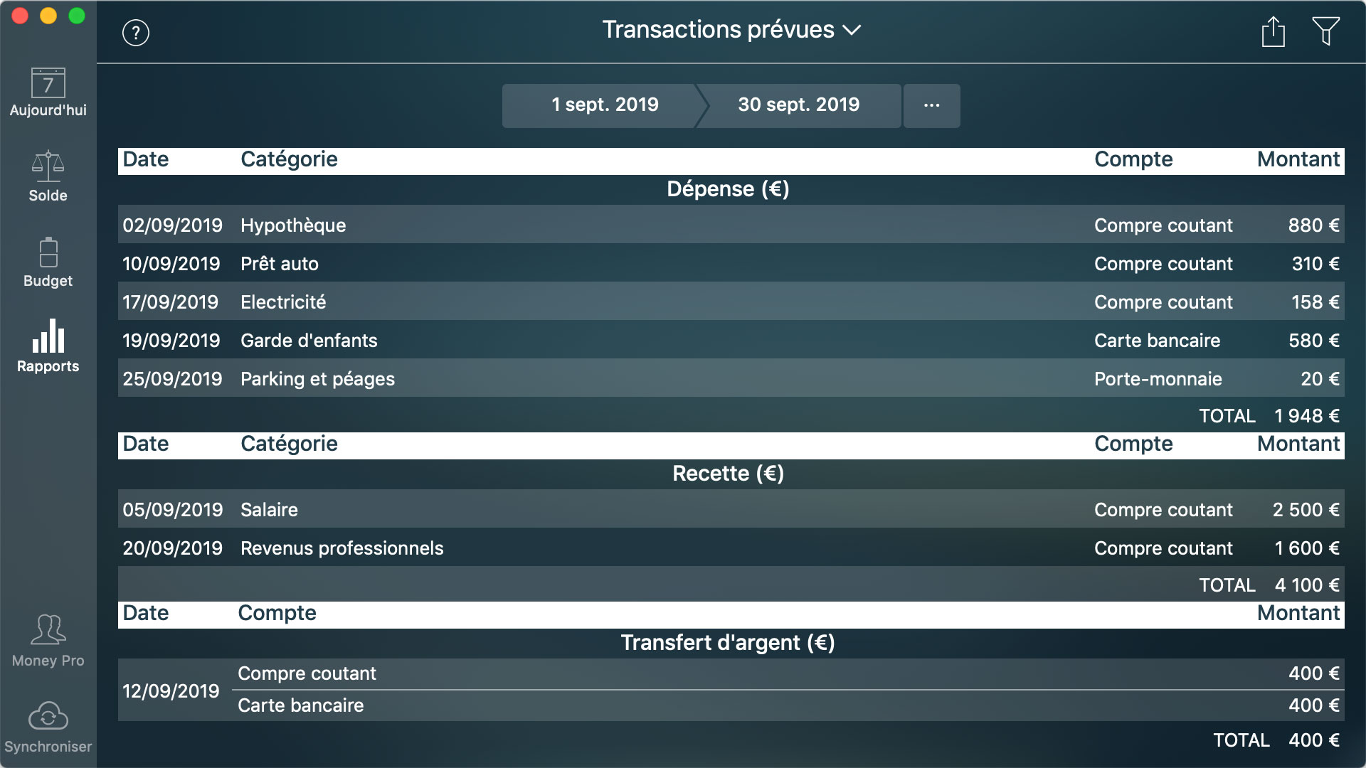 Money Tracker - Rapport de Transactions prévues - Mac